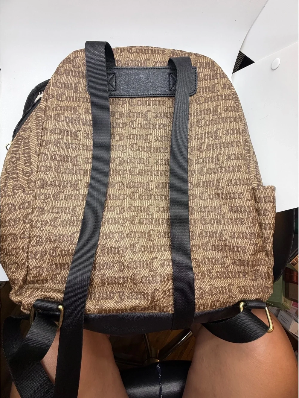 Juicy Couture Logo Print Backpack Brown Black PVC Monogram Travel School Bag